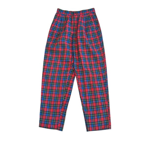 Vtg Italian Red Plaid High Waisted Wool Pants Tapered Pleated Trousers Sz 42 (8) - Picture 2 of 6